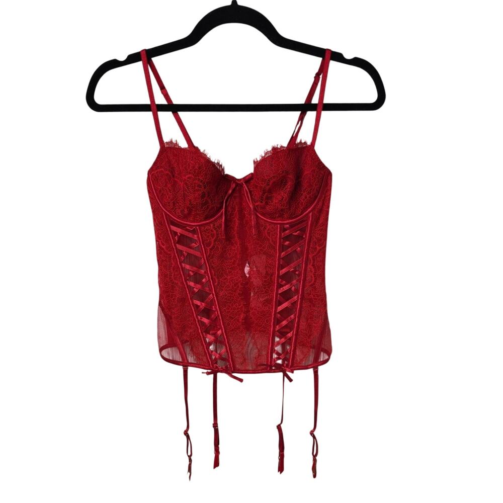 Victoria's Secret Wicked Unlined Lace Up Red Corset Removable Garter Straps NWT